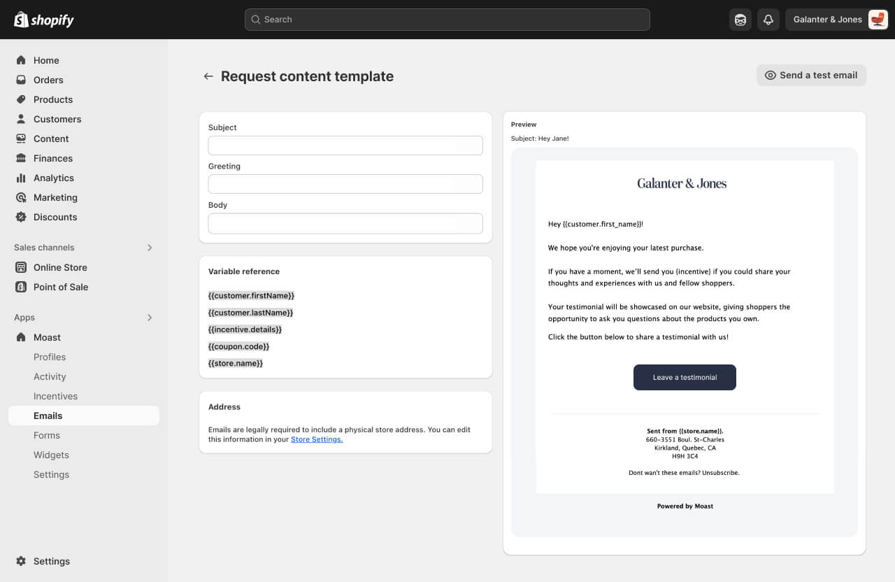 Shopify email template for customer testimonial request