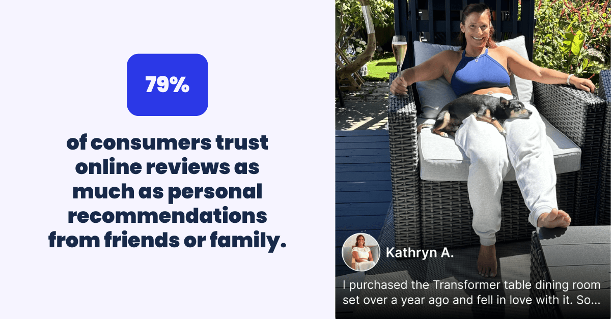 Woman relaxing on patio with dog, next to online review statistic