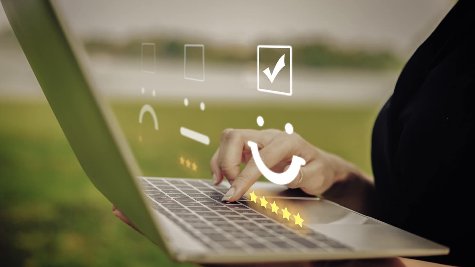 Digital interface showing online rating and checklist on laptop screen