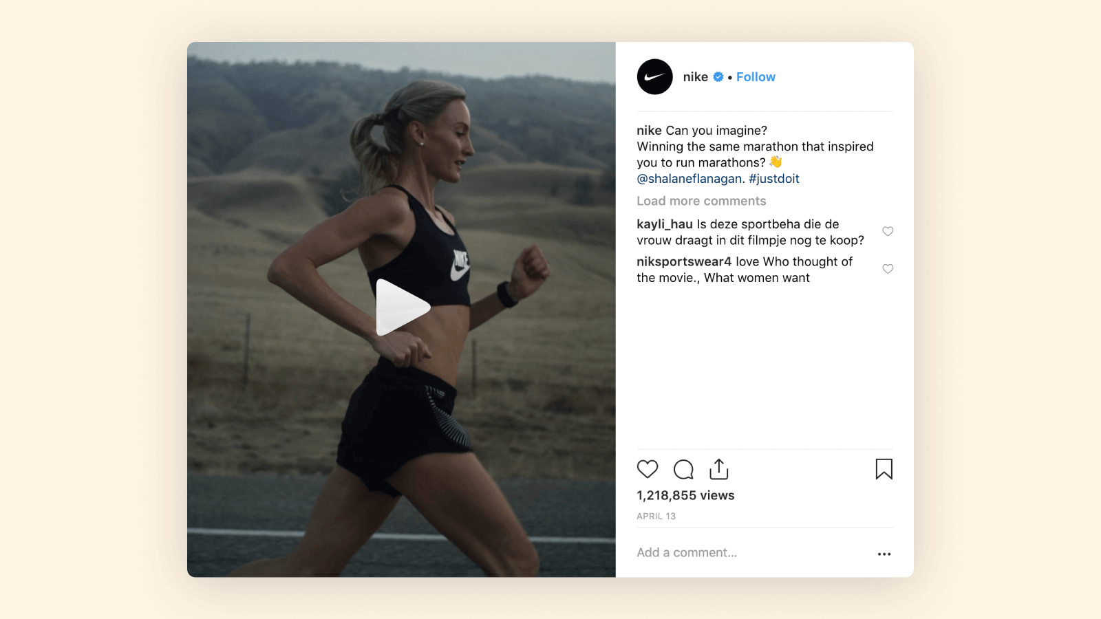 Woman running on rural road wearing Nike athletic gear, marathon training