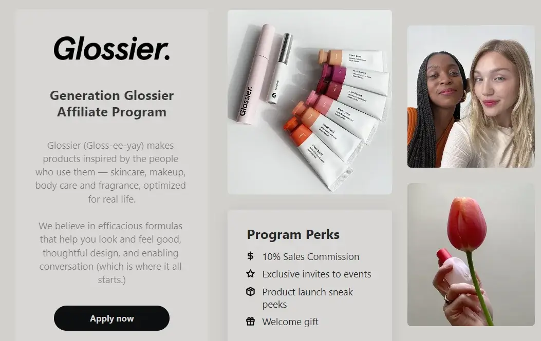Glossier beauty products lineup with cosmetic tubes and program details