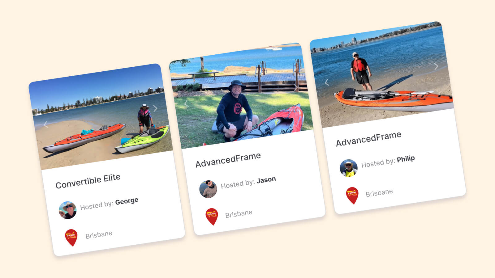 Three kayaks and paddlers by the water in Brisbane, Australia