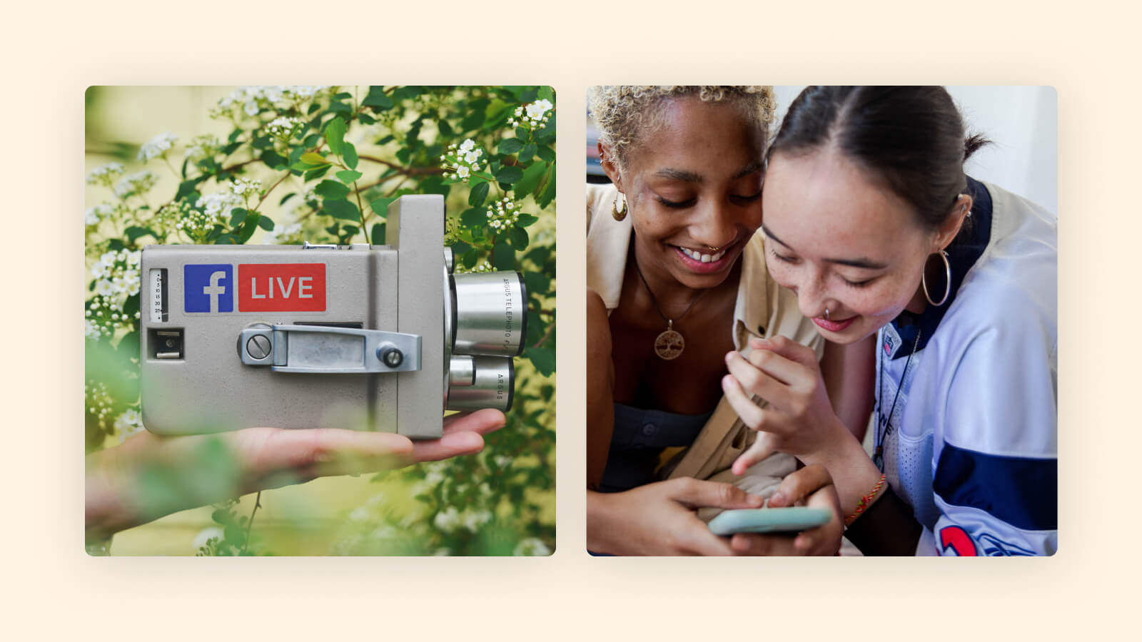 Facebook Live camera in hand among flowering plants, friends sharing smartphone