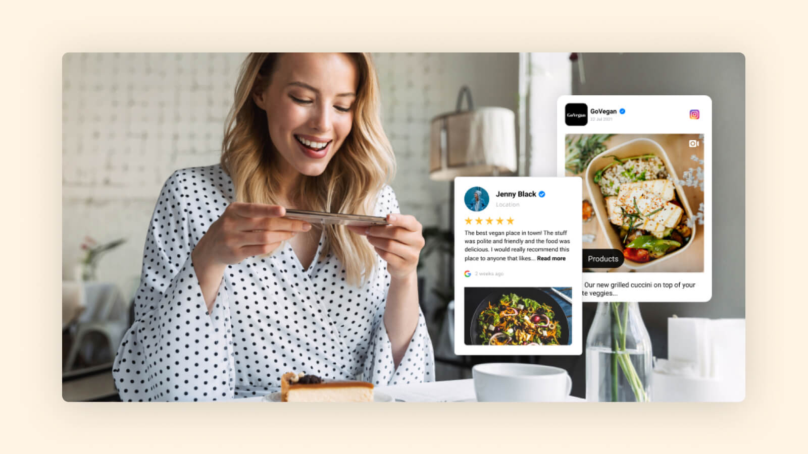 Woman smiling while looking at positive restaurant review on mobile phone