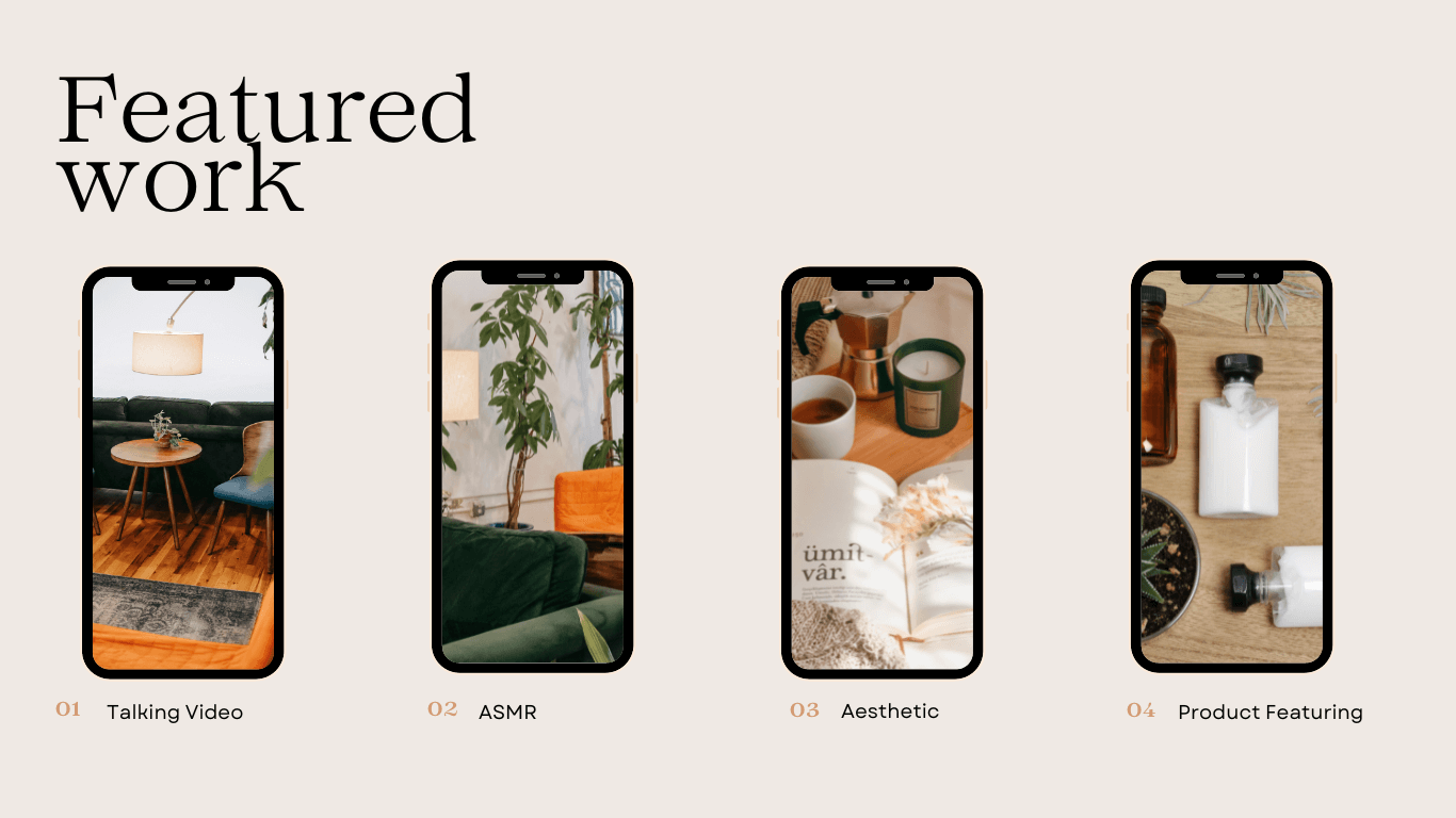 Four mobile screens showcasing different content styles: video, ASMR, aesthetic, product