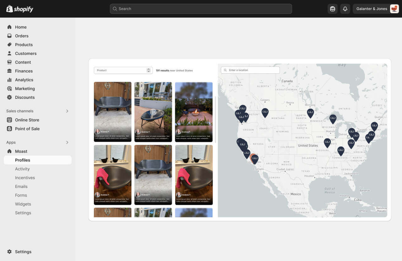 Shopify admin dashboard showing product images and distribution map