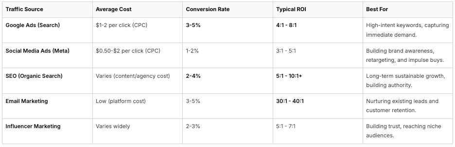 Comparative table of digital marketing channels, costs, conversion rates, and ROI