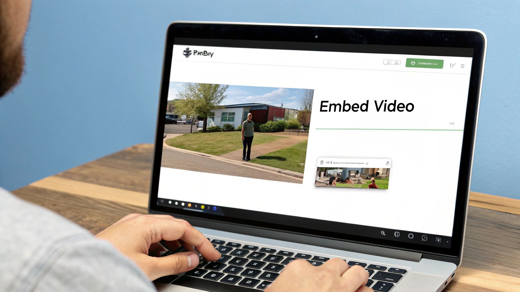 Laptop screen showing PmBry video embedding interface with outdoor scene