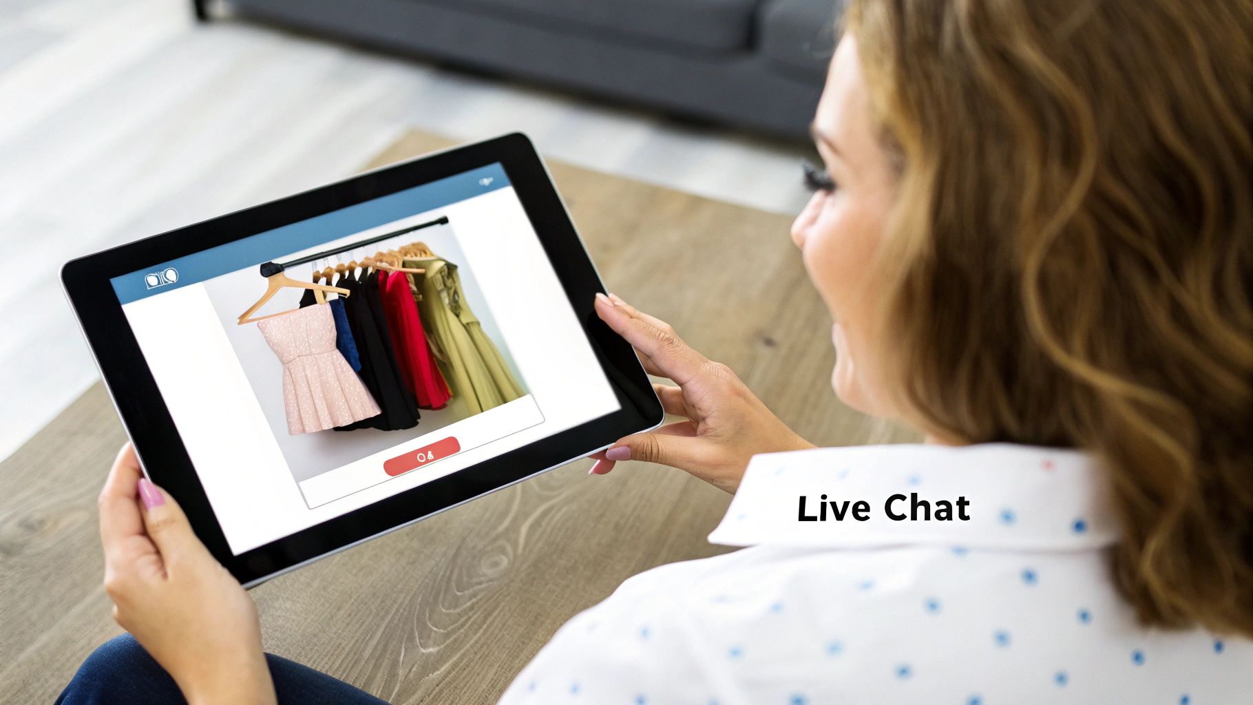 Woman browsing colorful dresses on tablet during online shopping