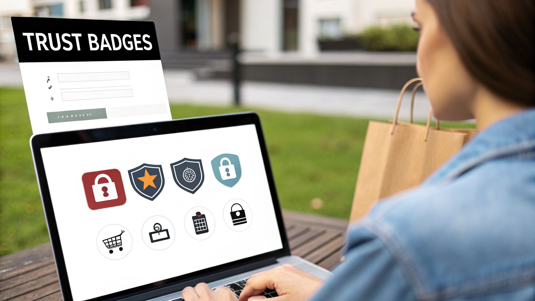 Person viewing trust badges on laptop screen showcasing online security