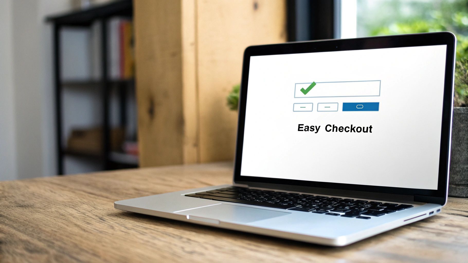Laptop displaying easy checkout process with green checkmark on screen