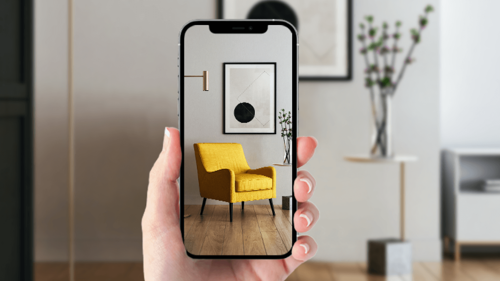 Phone screen showing augmented reality view of yellow chair in minimalist room