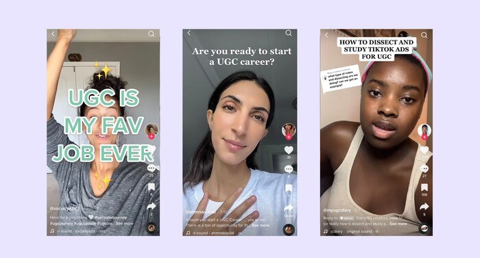 Three TikTok screenshots promoting UGC career with different enthusiastic creators