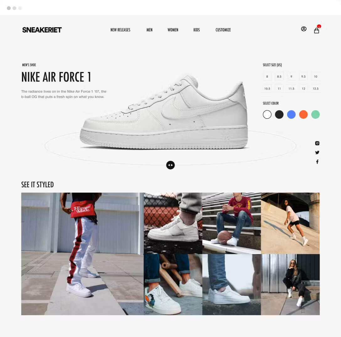 White Nike Air Force 1 sneaker displayed on Sneakeriet website