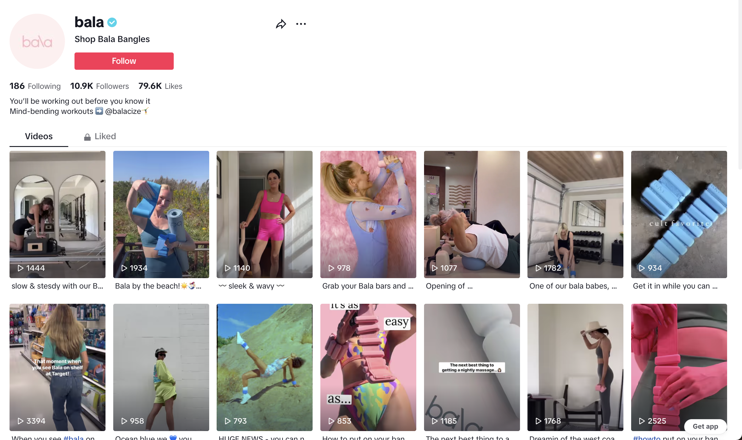 Bala fitness brand profile page with workout videos and exercise equipment