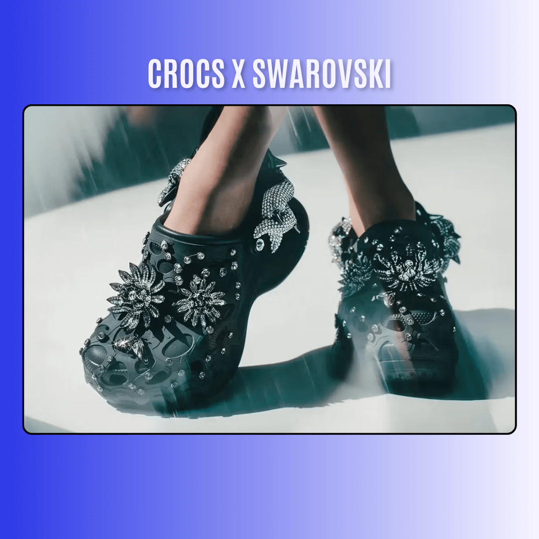 Bedazzled black Crocs with Swarovski crystals in floral and star designs