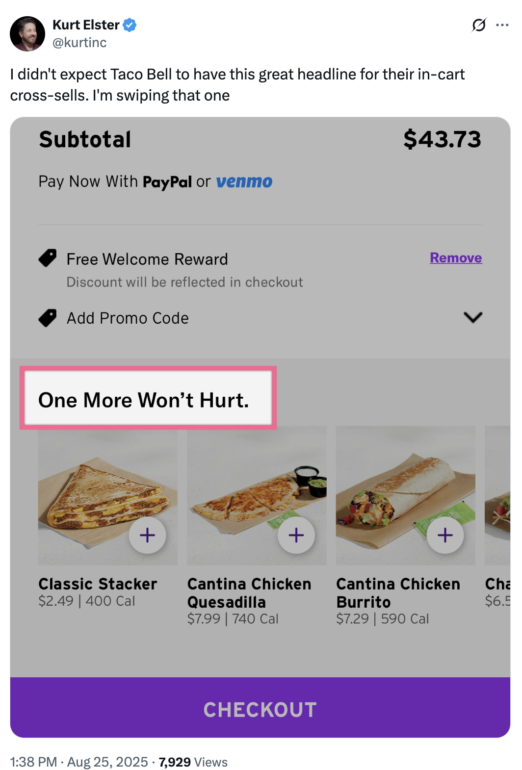 Taco Bell checkout screen showing menu items with "One More Won't Hurt" slogan