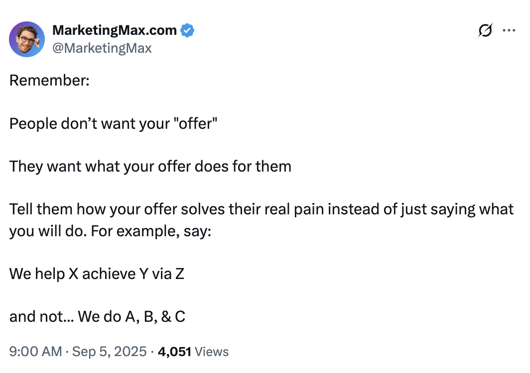 Marketing advice tweet explaining how to focus on customer benefits