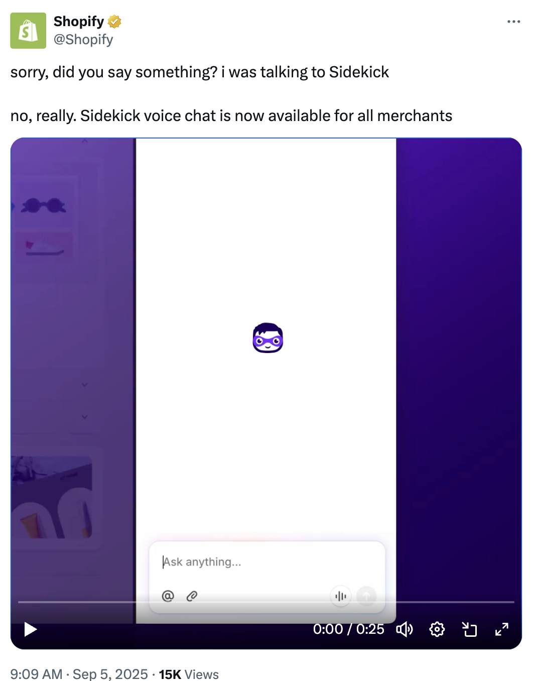 Shopify Sidekick voice chat interface with cute cartoon mascot