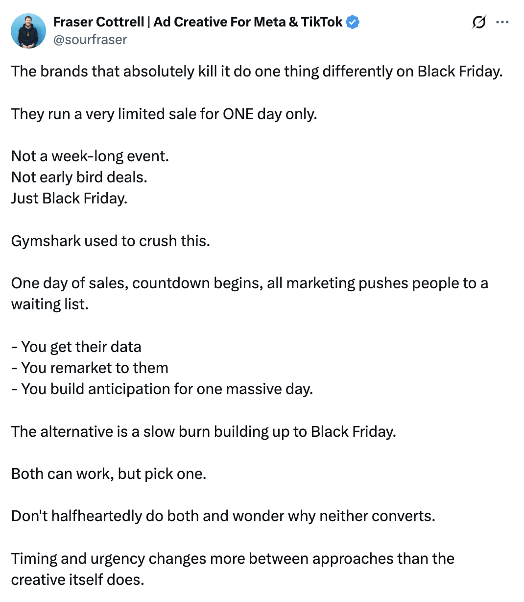 Tweet about Black Friday marketing strategies by Ad Creative professional