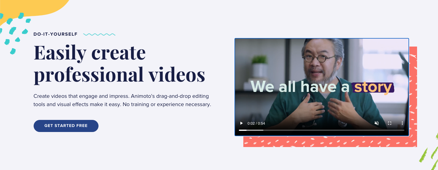 Animoto video creation tool advertisement with speaker discussing storytelling