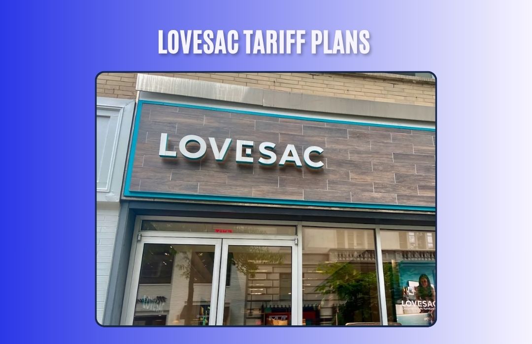 Lovesac storefront with white and wood-toned exterior and large logo
