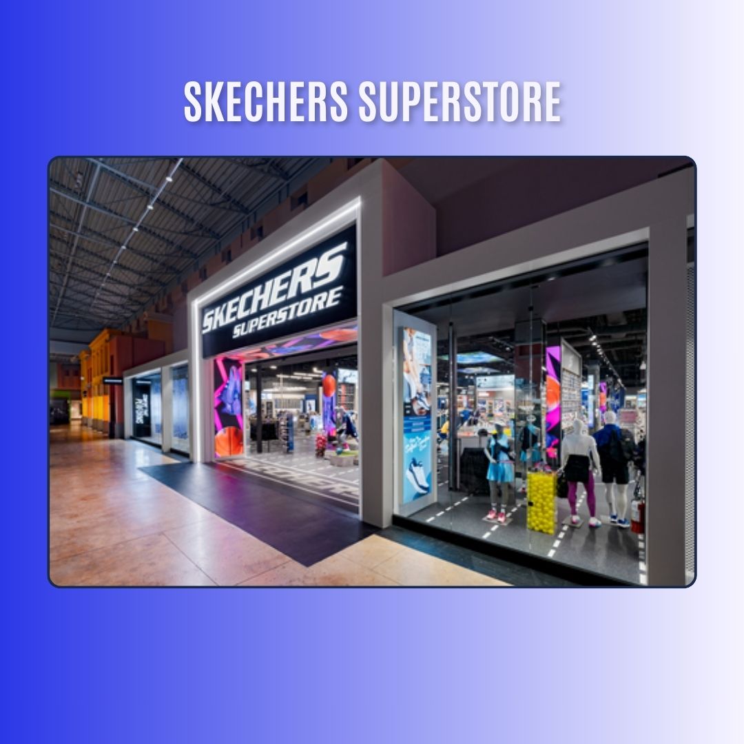 Skechers Superstore storefront with colorful displays and mannequins