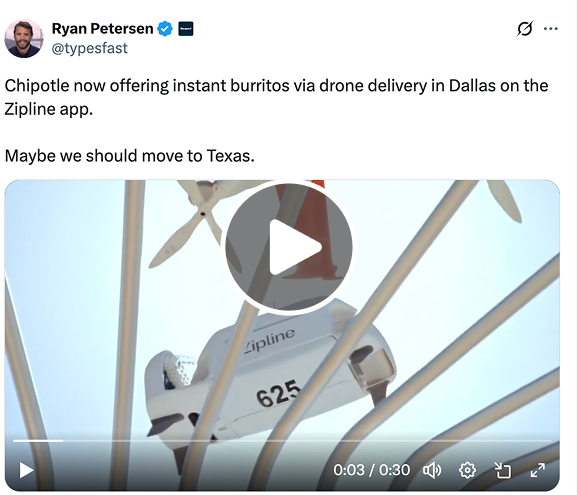 Drone delivery of Chipotle burritos on Zipline platform in Dallas