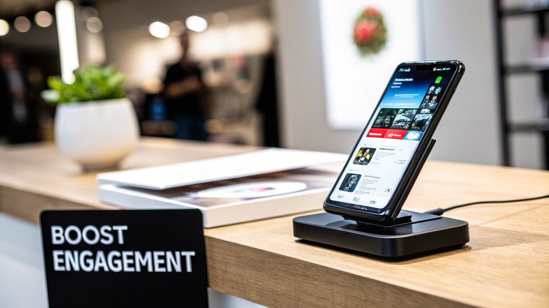 Smartphone on charging stand with "Boost Engagement" sign in office