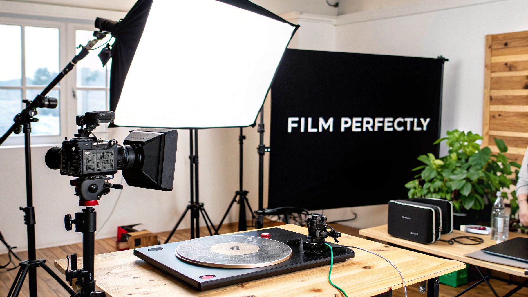 Professional photography setup with camera, lights, and turntable