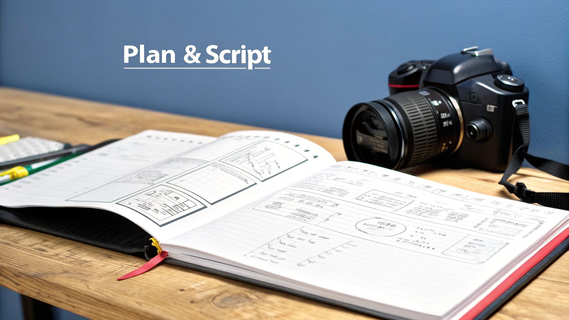 Camera and storyboard notebook on wooden desk for film production planning