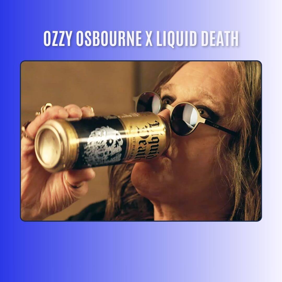 Musician drinking Liquid Death water wearing sunglasses and long hair