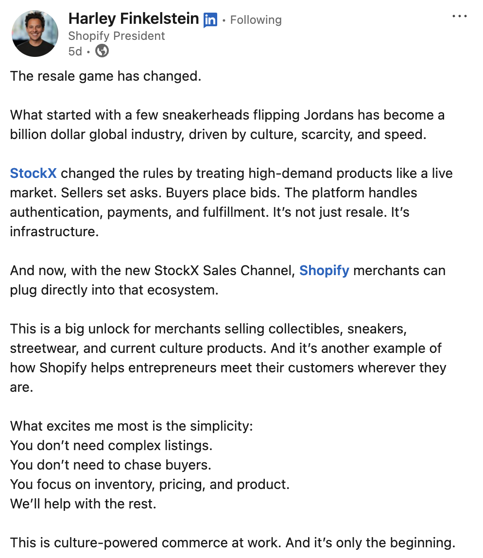 LinkedIn post about StockX Sales Channel integration with Shopify