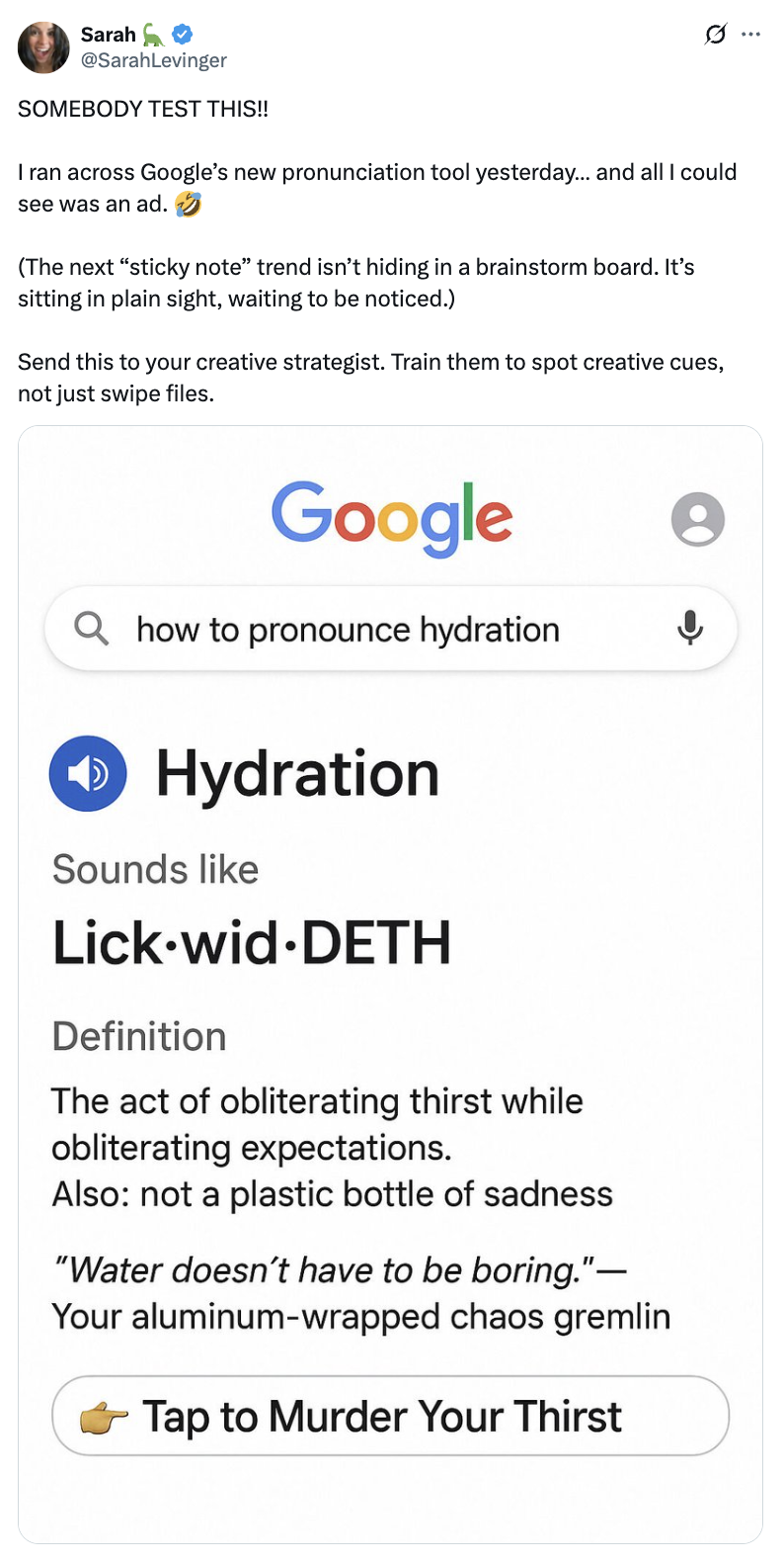 Google pronunciation tool humorously defining hydration as "Lick-wid-DETH"