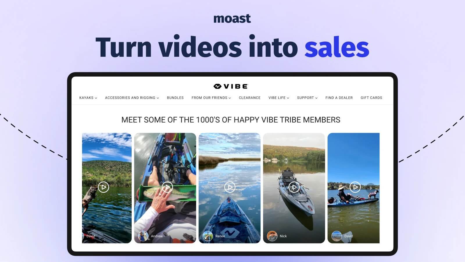 Moast platform showcasing kayaking videos with happy tribe members