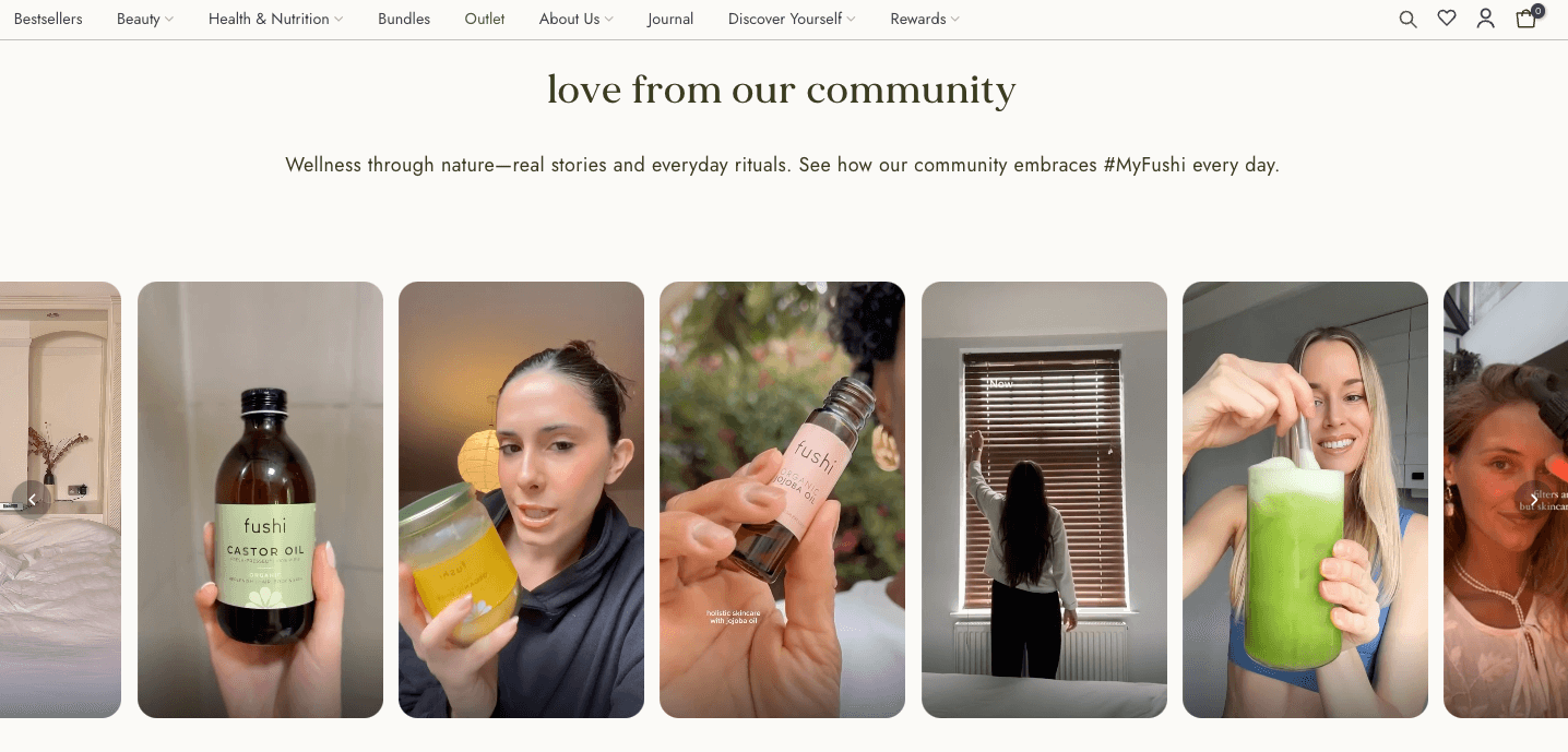 Fushi wellness product collection showing bottles and community lifestyle images