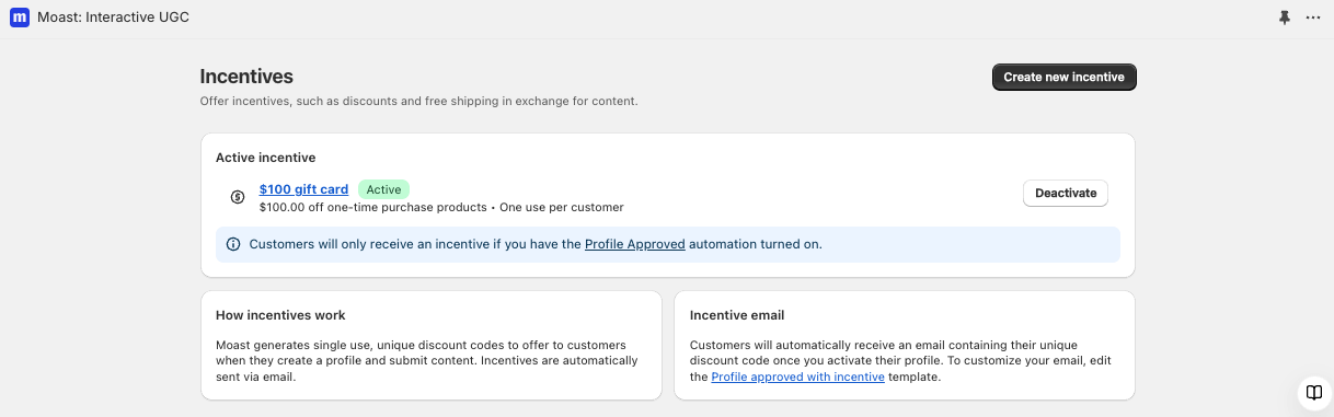 Moast incentives page showing $100 gift card for user-generated content