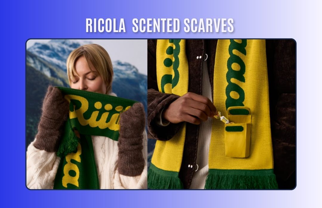 Person smelling Ricola scented scarf with mountain backdrop