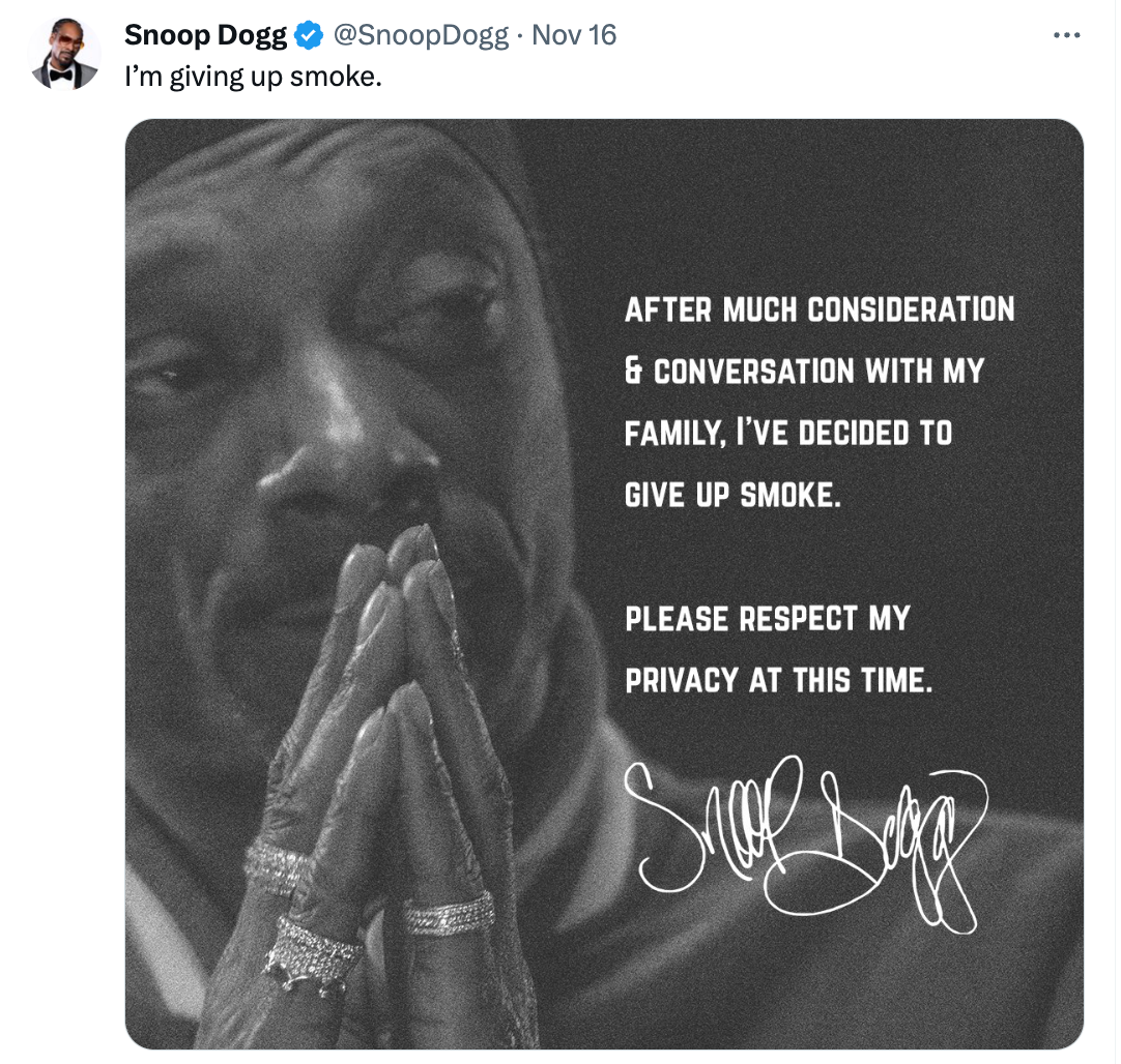 Black and white image of person with praying hands announcing quitting smoking