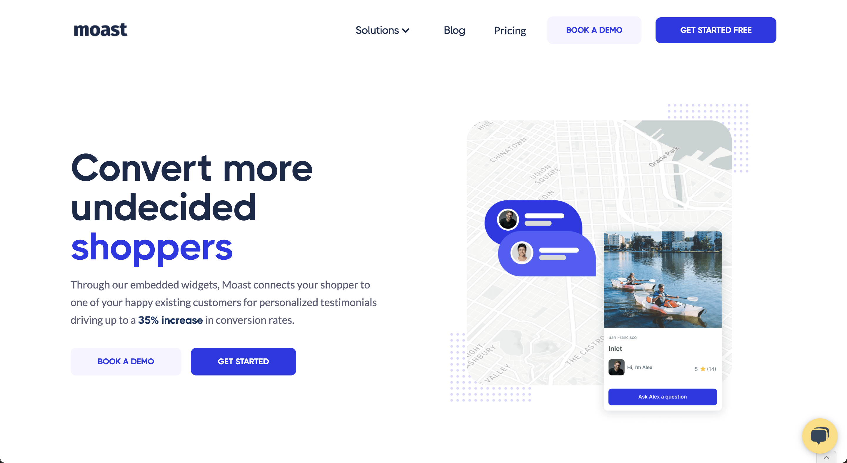 Moast website showing customer conversion platform with chat and boat image