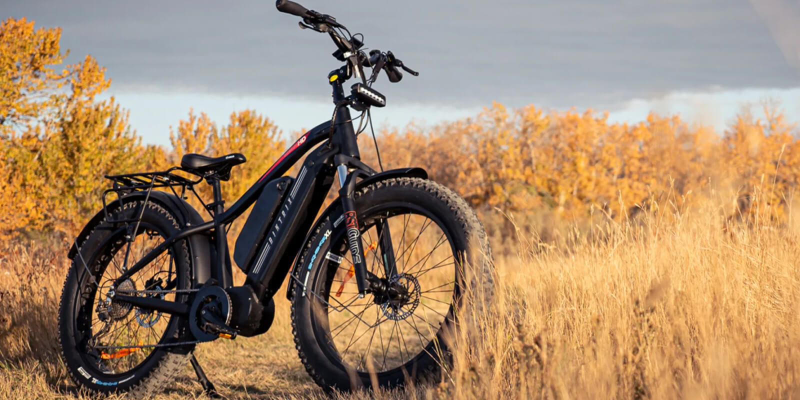 Black electric mountain bike in autumn field with golden trees