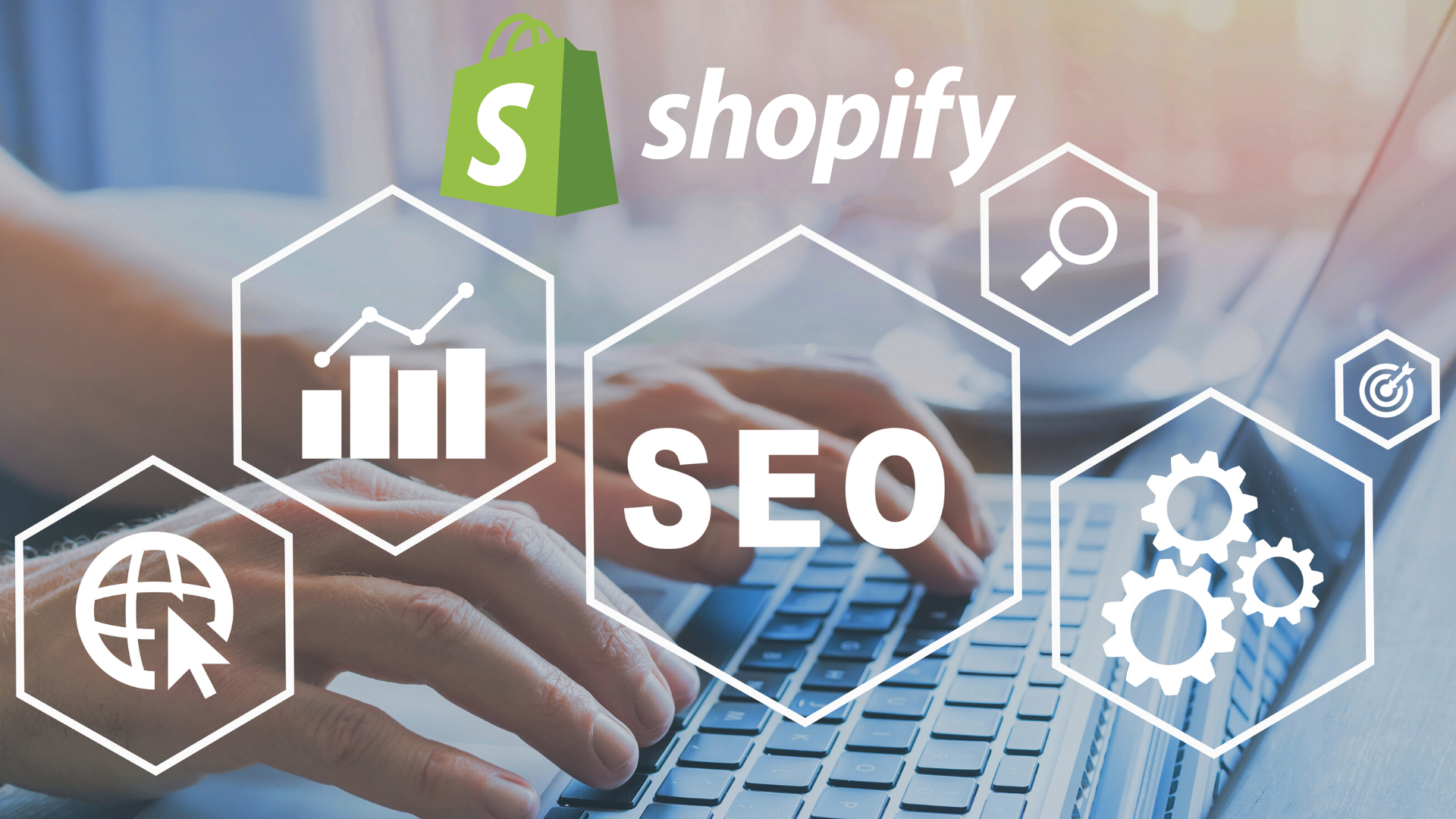 Shopify SEO optimization concept with digital icons and keyboard