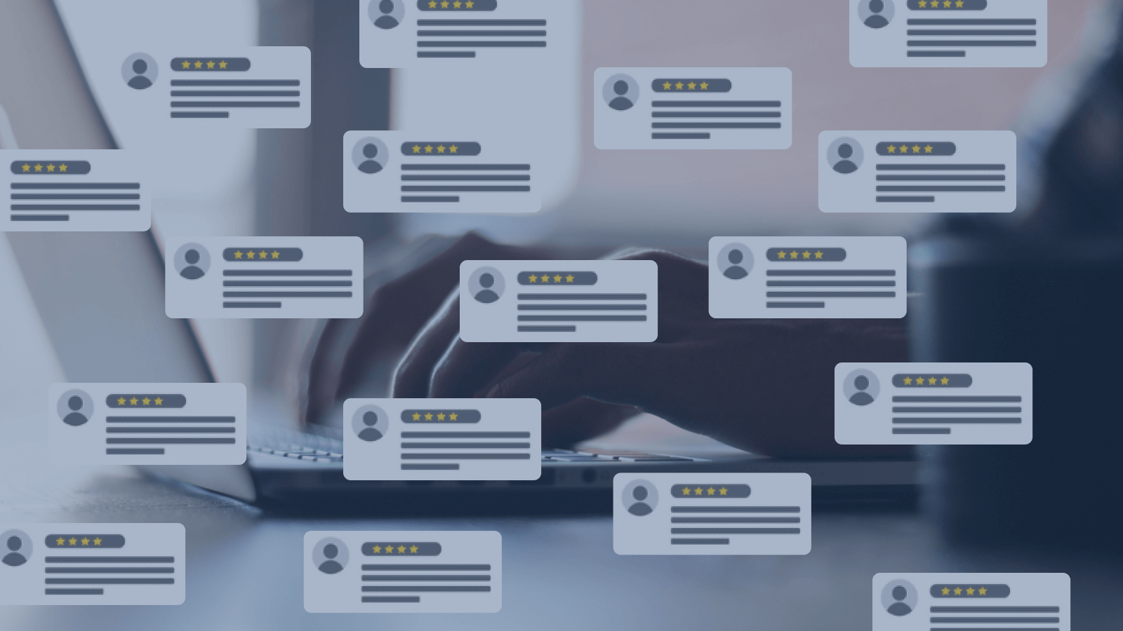 Multiple five-star online reviews floating over a computer keyboard