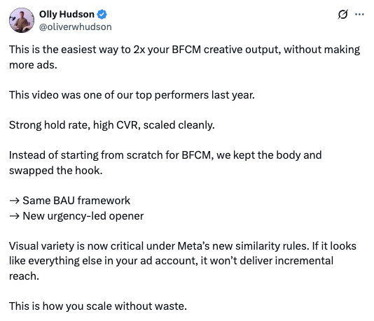 Social media post about advertising strategy and creative output optimization