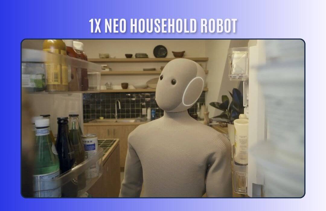 White humanoid robot standing in a kitchen with various bottles and shelves