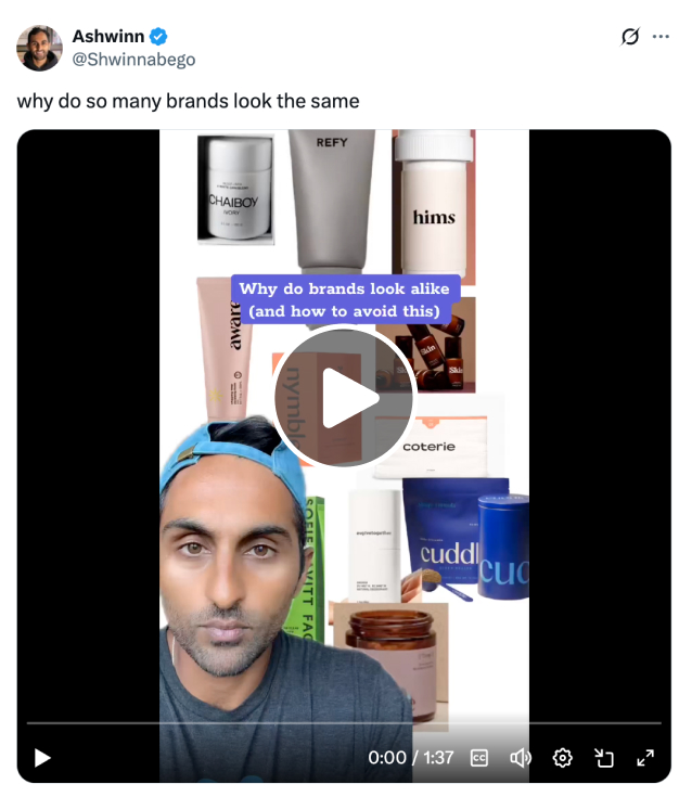 Collage of minimalist brand product designs with person questioning brand similarity