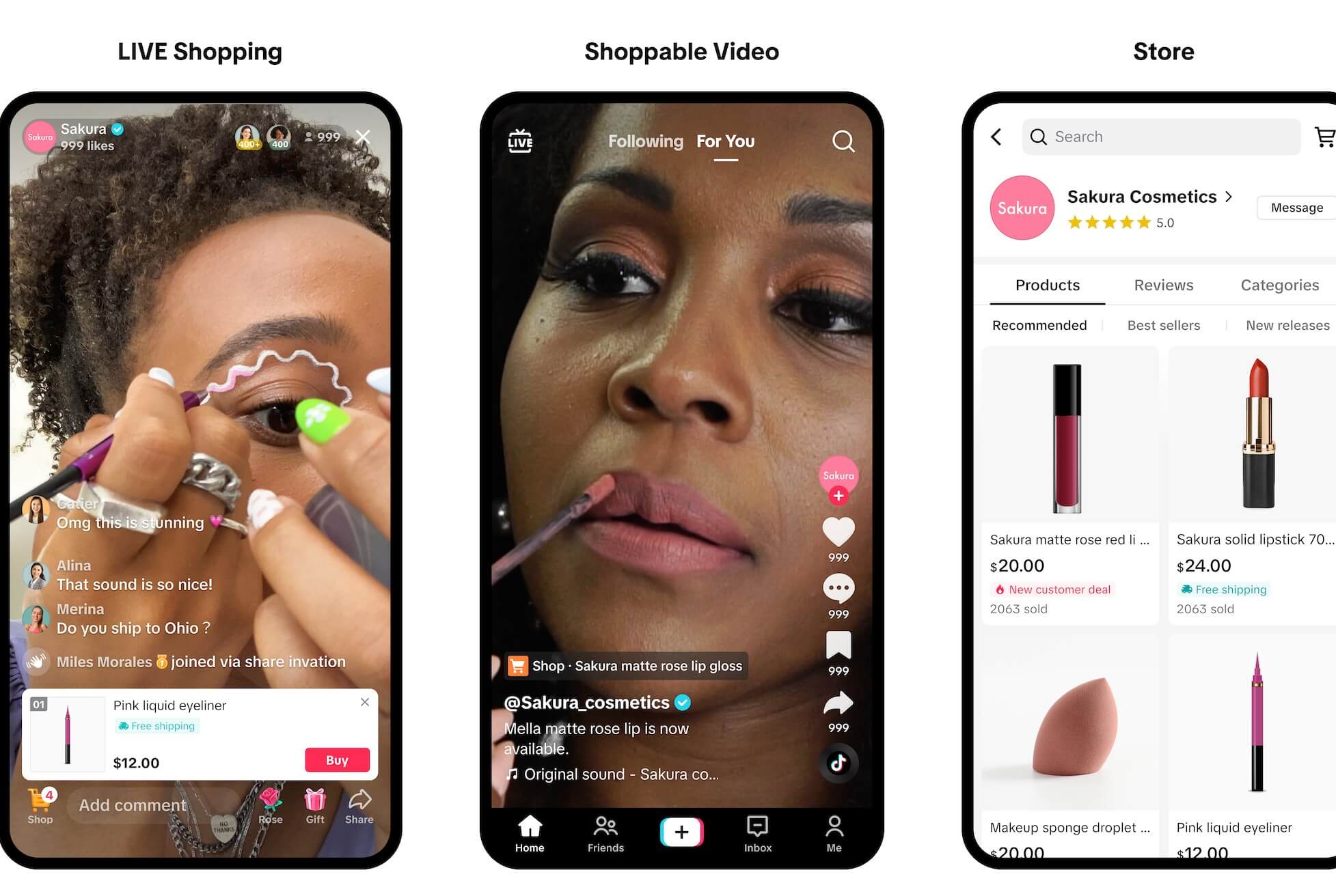 Sakura Cosmetics live shopping app interface with makeup tutorial and products