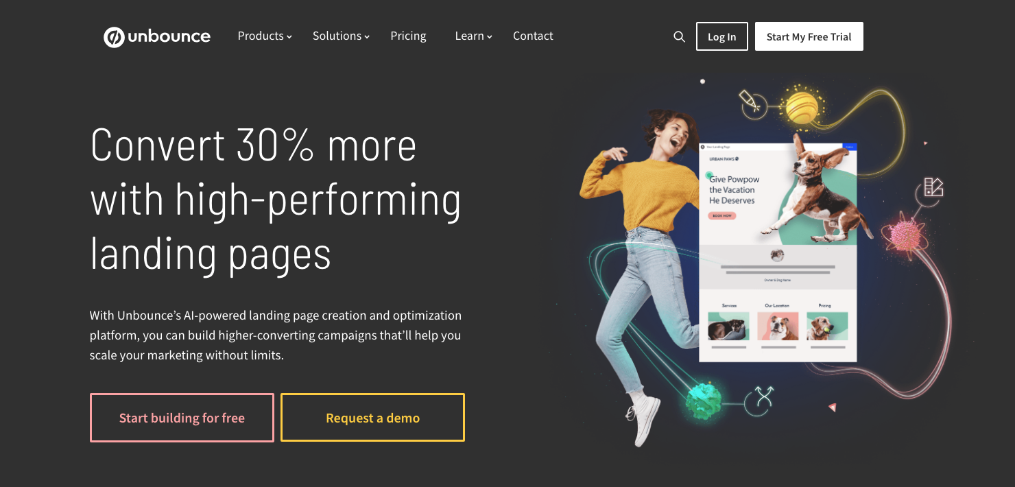 Person jumping with Unbounce landing page displaying dog vacation website