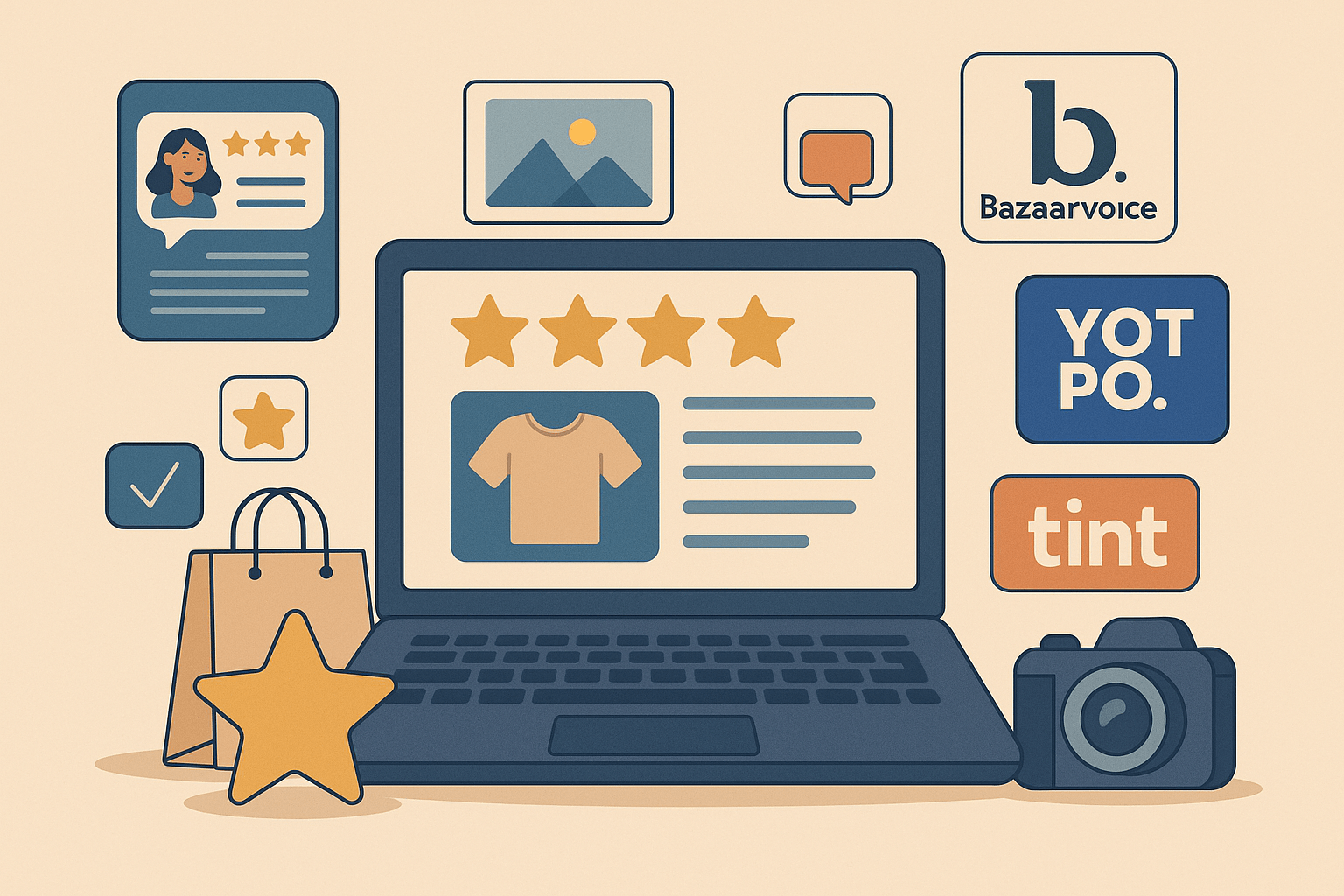 E-commerce product review platform with laptop, ratings, and shopping icons