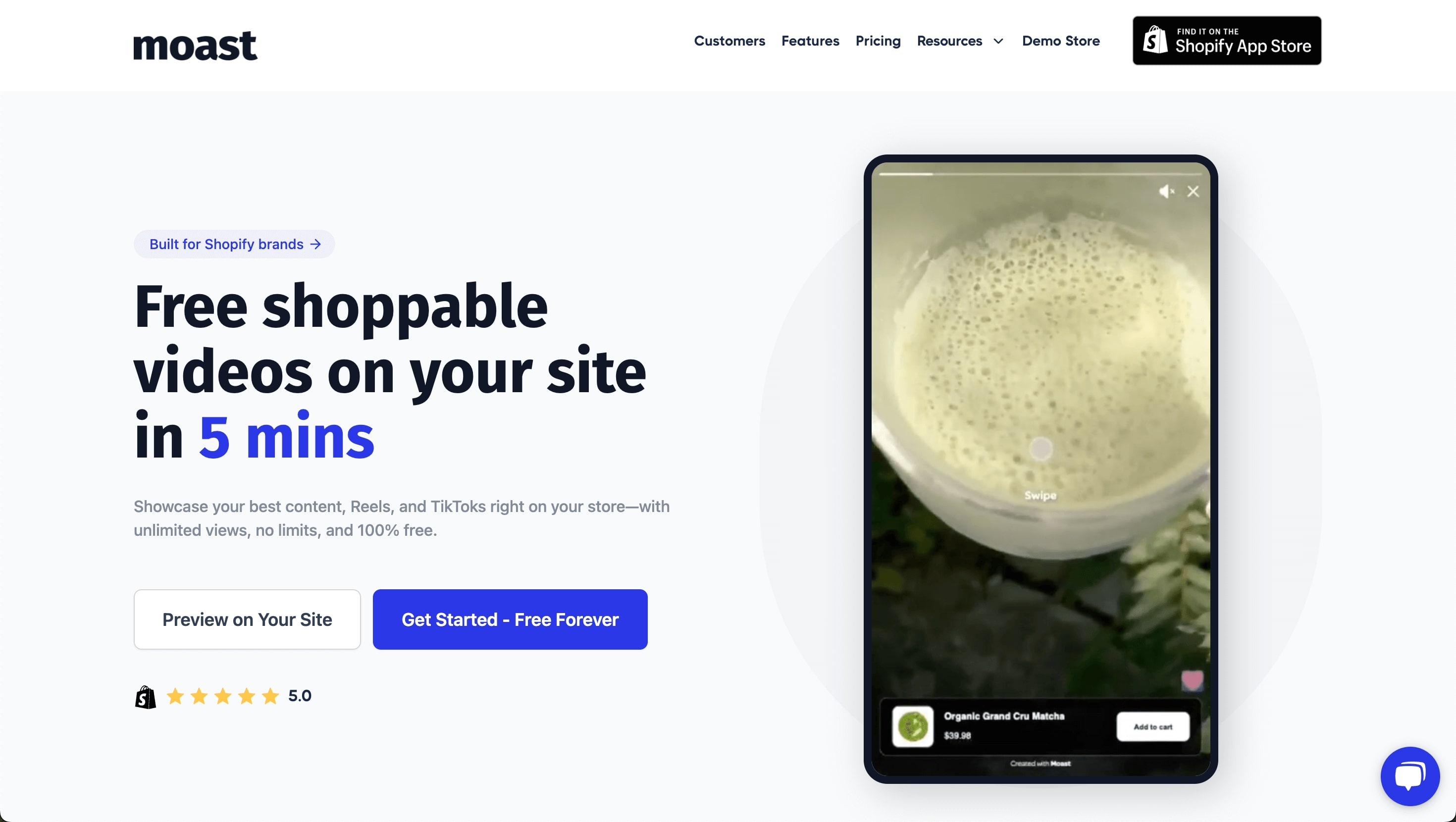 Moast app interface showing shoppable video of matcha drink